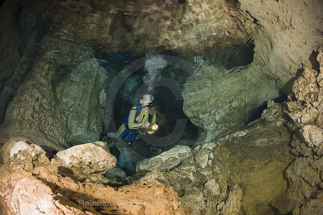 Taucher in Chandelier Cave Unterwasser-Tropfsteinhoehle, Mikronesien, Palau