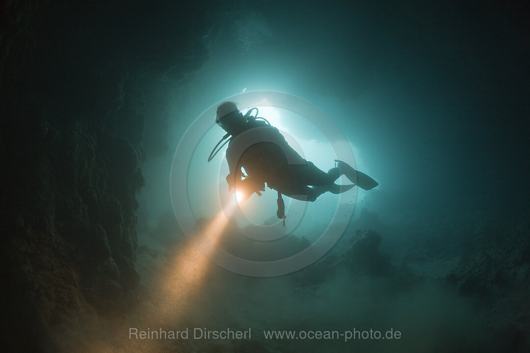 Diver at Entrance of Chandelier Dripstone Cave