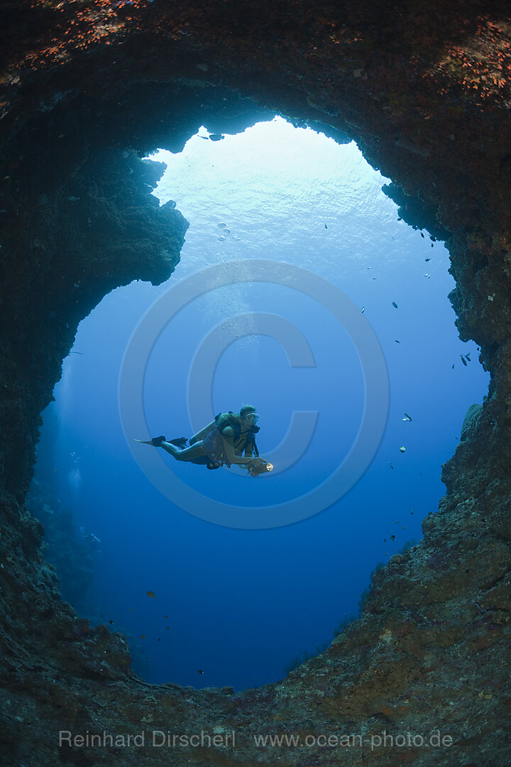 Taucher in Blue Hole Unterwasser-Hoehle, Mikronesien, Palau