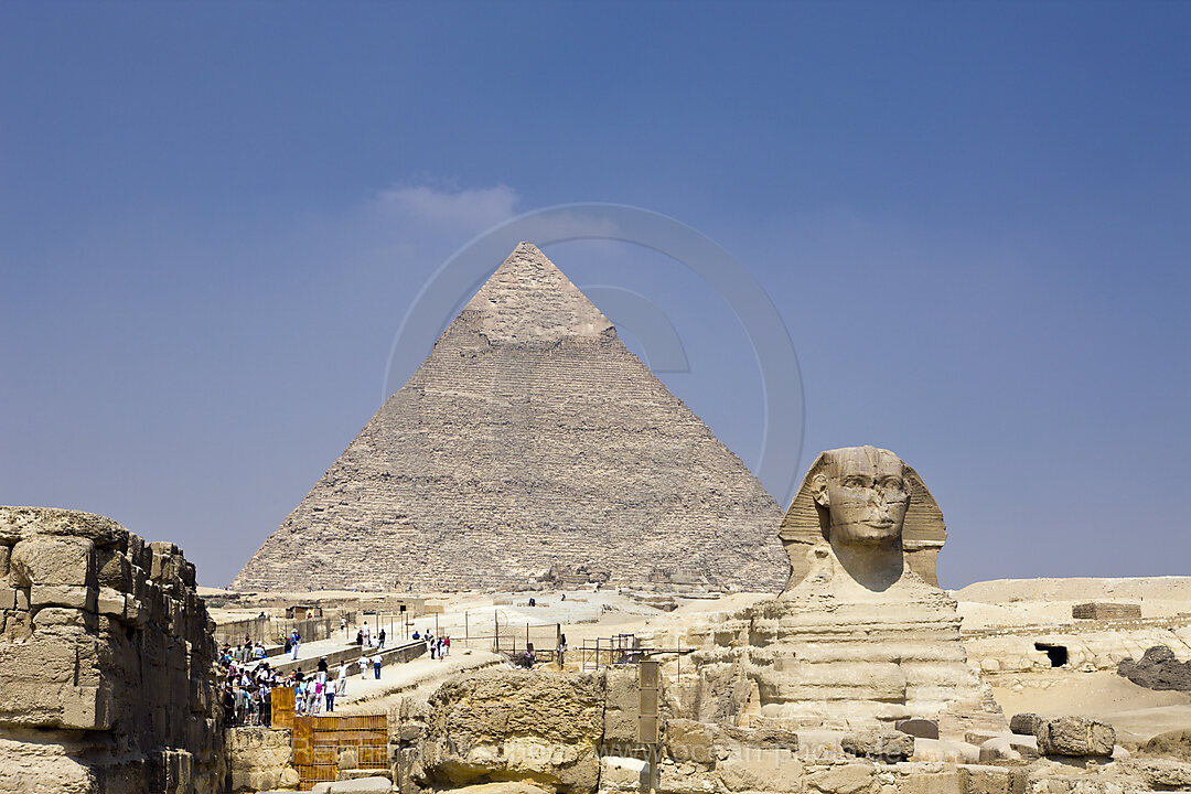 Great Sphinx of Giza against Khafra Pyramid
