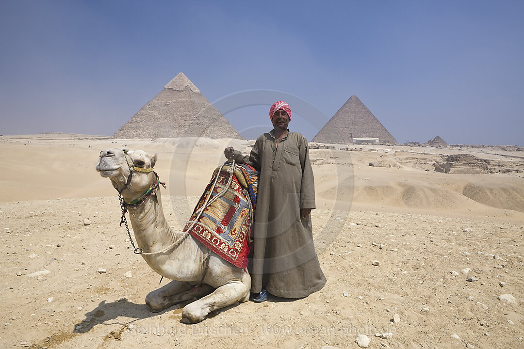 Kameltreiber vor Pyramiden von Gizeh, Kairo, Aegypten