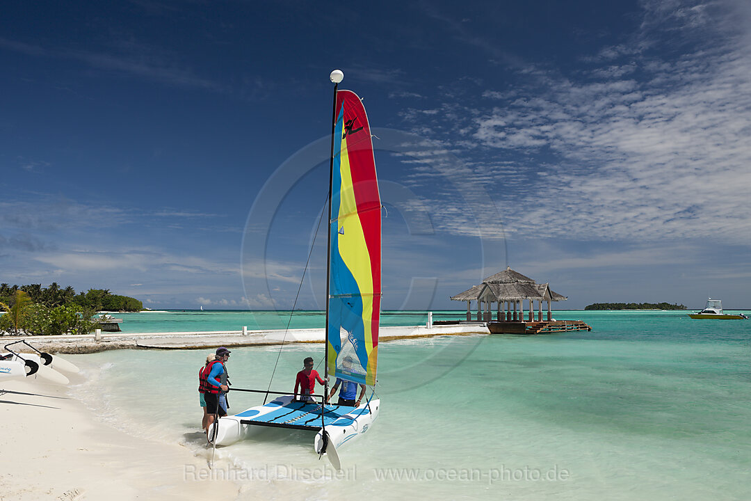Catamaran on Beach of Maldive Island Kandooma