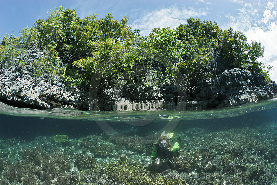 Schnorcheln am flachen Korallenriff, Raja Ampat, West Papua, Indonesien