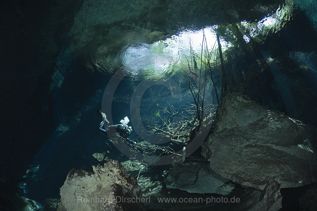 Taucher in Cenote Chac Mool, Playa del Carmen, Yucatan Halbinsel, Mexiko