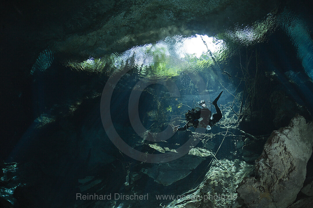 Taucher in Cenote Chac Mool, Playa del Carmen, Yucatan Halbinsel, Mexiko