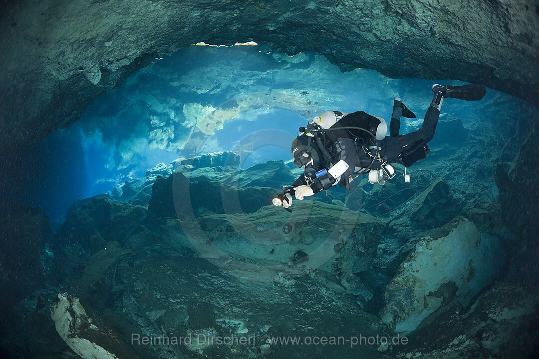 Cave Diver in Chac Mool Cenote, Playa del Carmen, Yucatan Peninsula, Mexico