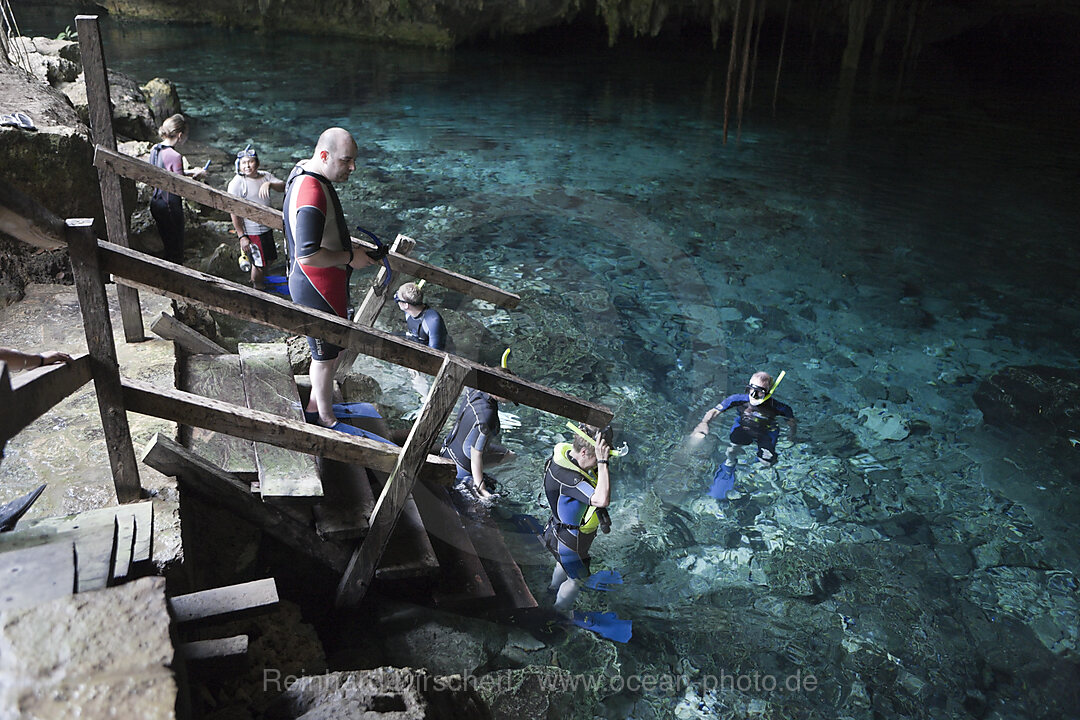 Tourists at Dos Ojos Cenote, Playa del Carmen, Yucatan Peninsula, Mexico