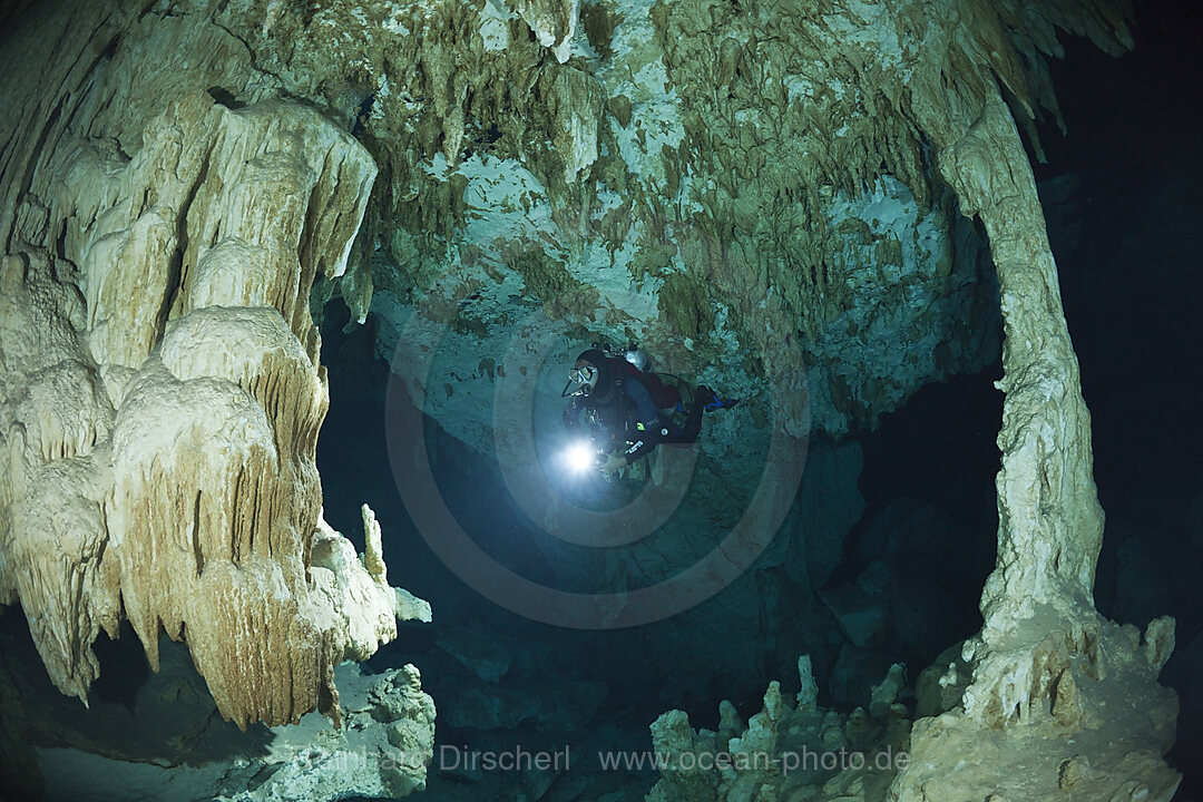 Scuba Diver in Dos Ojos Cenote, Playa del Carmen, Yucatan Peninsula, Mexico