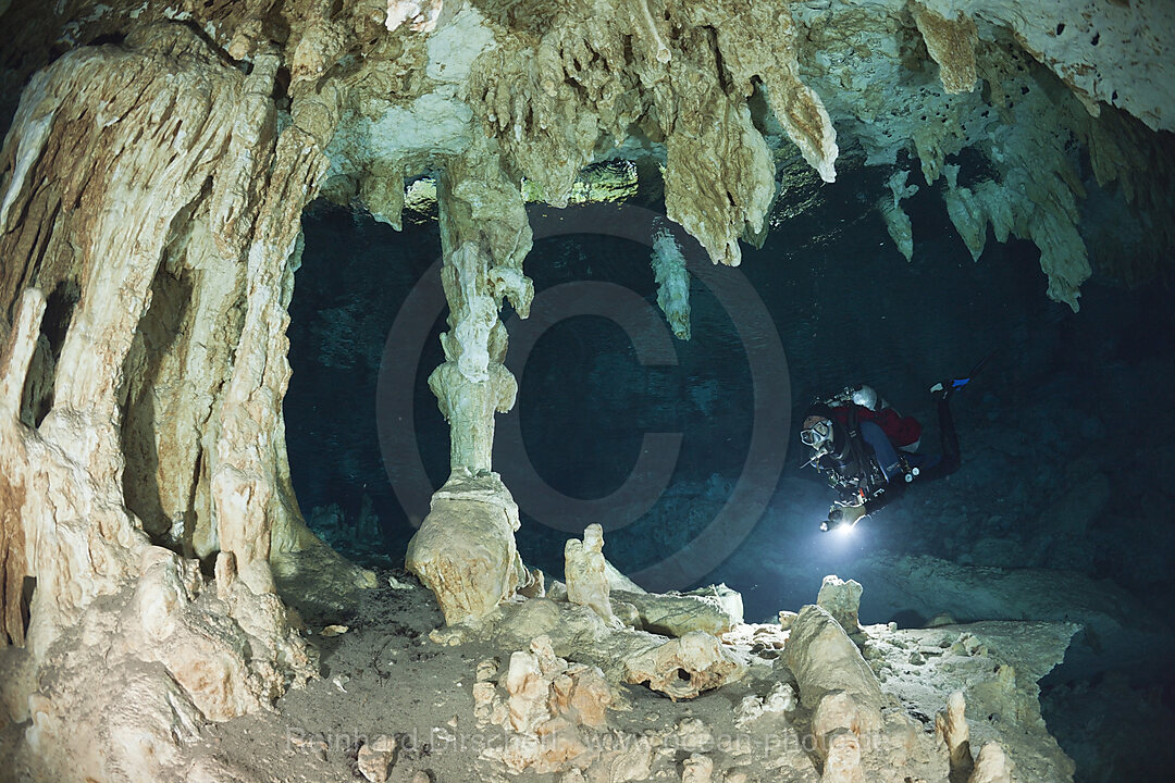 Scuba Diver in Dos Ojos Cenote, Playa del Carmen, Yucatan Peninsula, Mexico