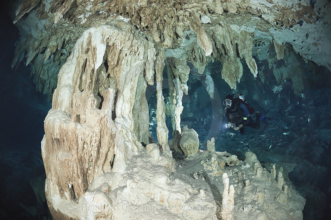 Scuba diver at Dos Ojos Cenote, Playa del Carmen, Yucatan Peninsula, Mexico