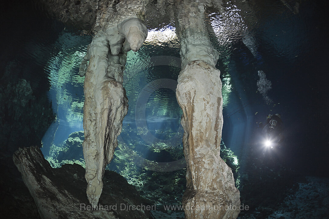 Scuba Diver in Gran Cenote, Tulum, Yucatan Peninsula, Mexico