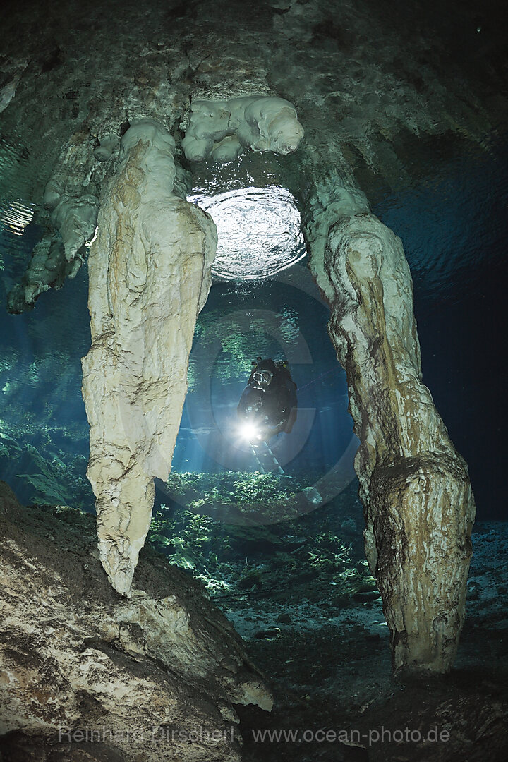 Scuba Diver in Gran Cenote, Tulum, Yucatan Peninsula, Mexico