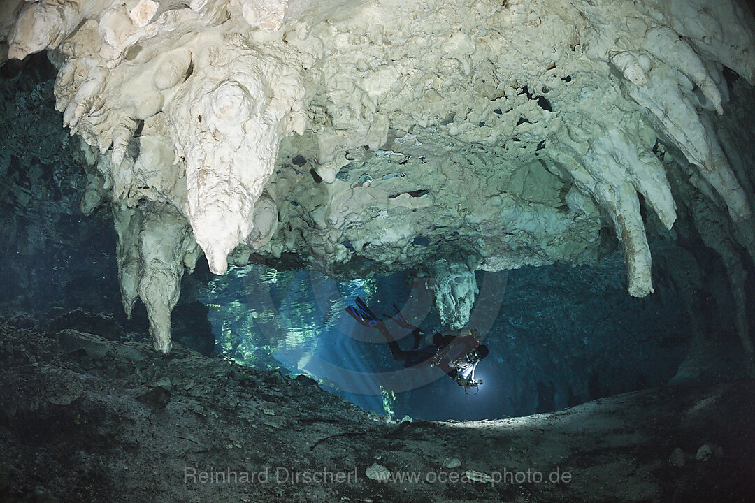 Scuba Diver in Gran Cenote, Tulum, Yucatan Peninsula, Mexico