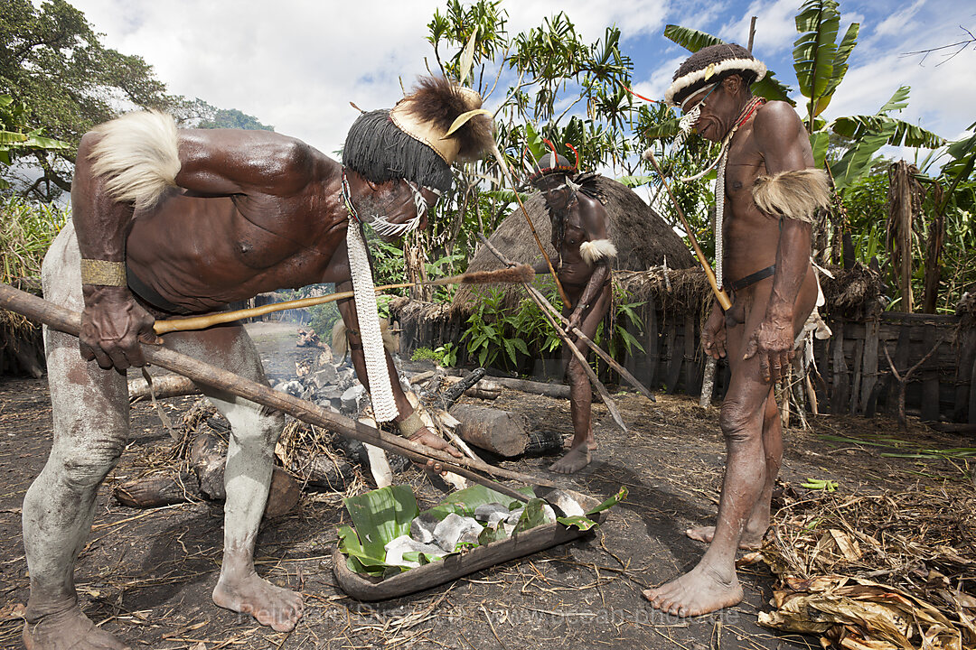 Dani Maenner erhitzen Steine fuer Erdofen, Baliem Valley, West Papua, Indonesien