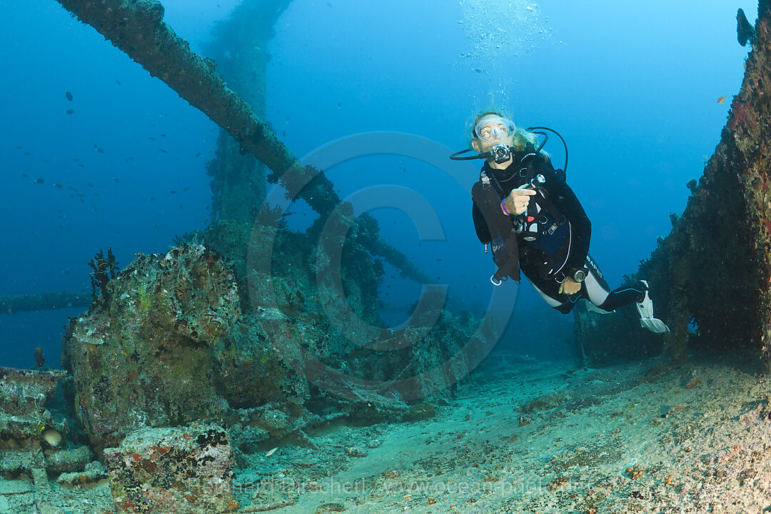 Taucher am Wrack Maldive Victory, Nord-Male Atoll, Indischer Ozean, Malediven