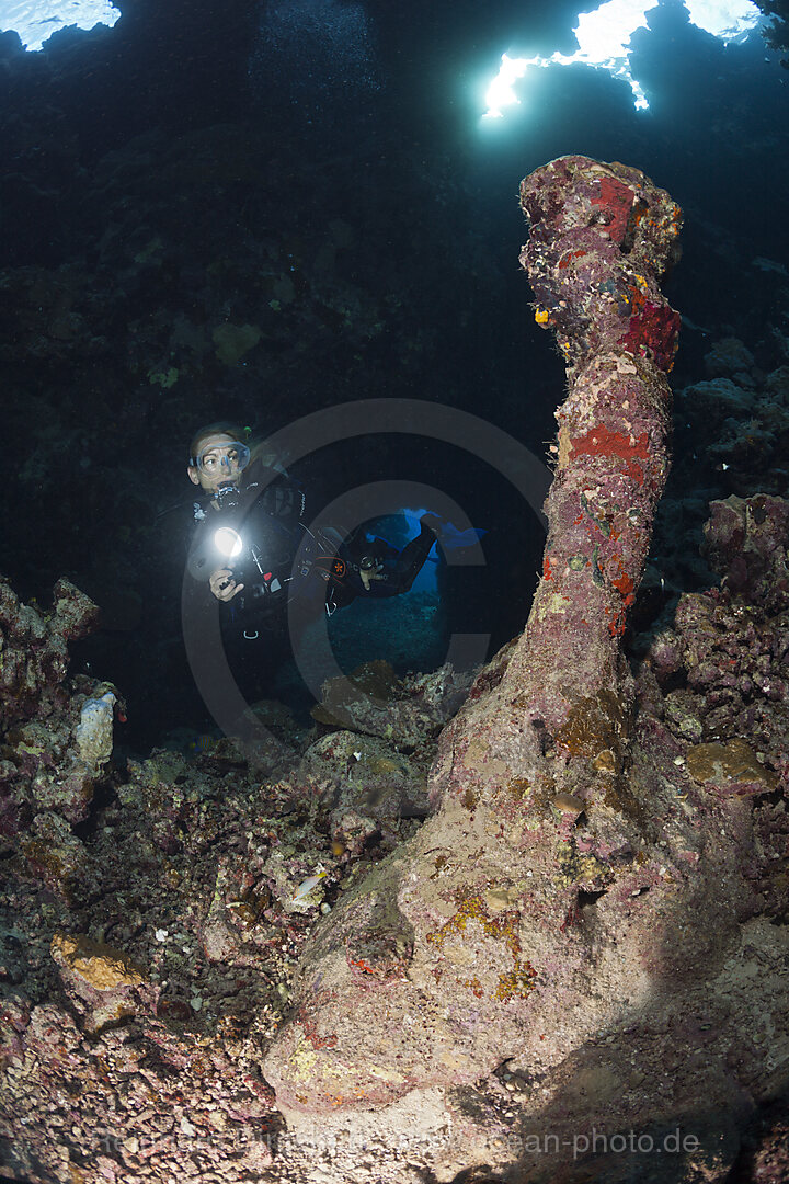 Taucher in Unterwasserhoehle, Pseudanthias squamipinnis, Paradise Reef, Rotes Meer, Aegypten