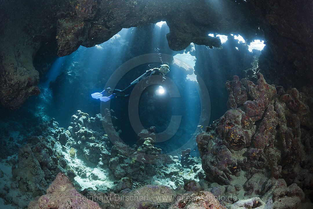 Taucher in Unterwasserhoehle, n/a, Cave Reef, Rotes Meer, Aegypten