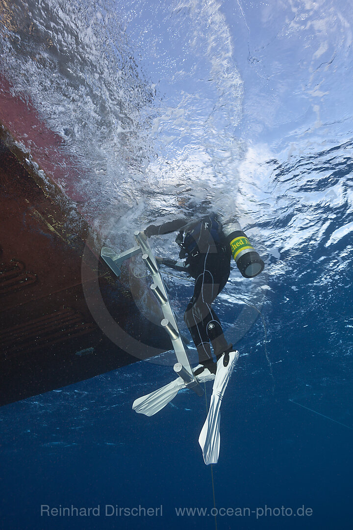 Taucher klettert auf Tauchboot, Great Barrier Reef, Australien