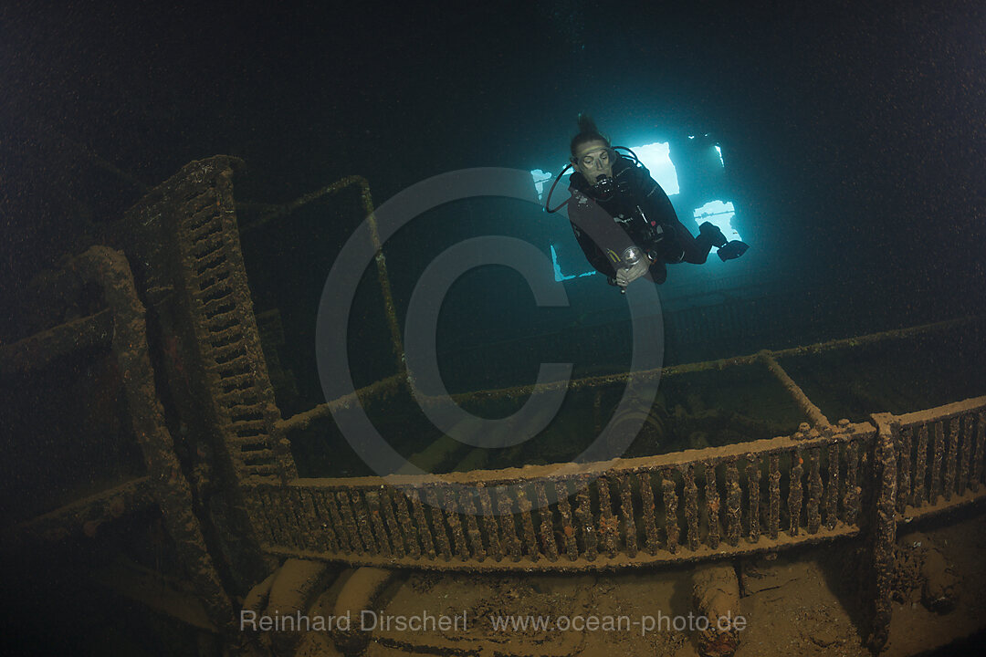 Scuba Diver inside Umbria Wreck, Wingate Reef, Red Sea, Sudan