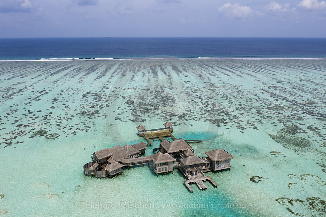 Luftaufnahme der Ferieninsel Lankanfushi, Nord Male Atoll, Indischer Ozean, Malediven