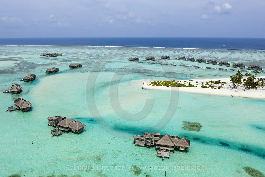 Luftaufnahme der Ferieninsel Lankanfushi, Nord Male Atoll, Indischer Ozean, Malediven