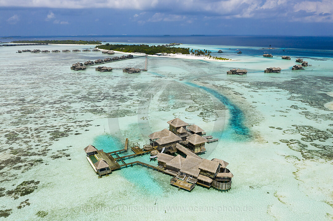 Luftaufnahme der Ferieninsel Lankanfushi, Nord Male Atoll, Indischer Ozean, Malediven