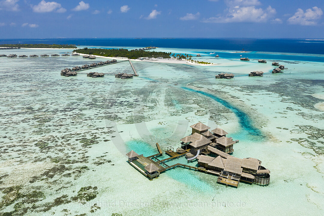 Luftaufnahme der Ferieninsel Lankanfushi, Nord Male Atoll, Indischer Ozean, Malediven