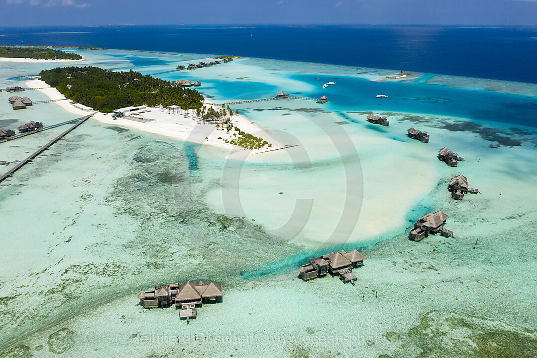 Luftaufnahme der Ferieninsel Lankanfushi, Nord Male Atoll, Indischer Ozean, Malediven