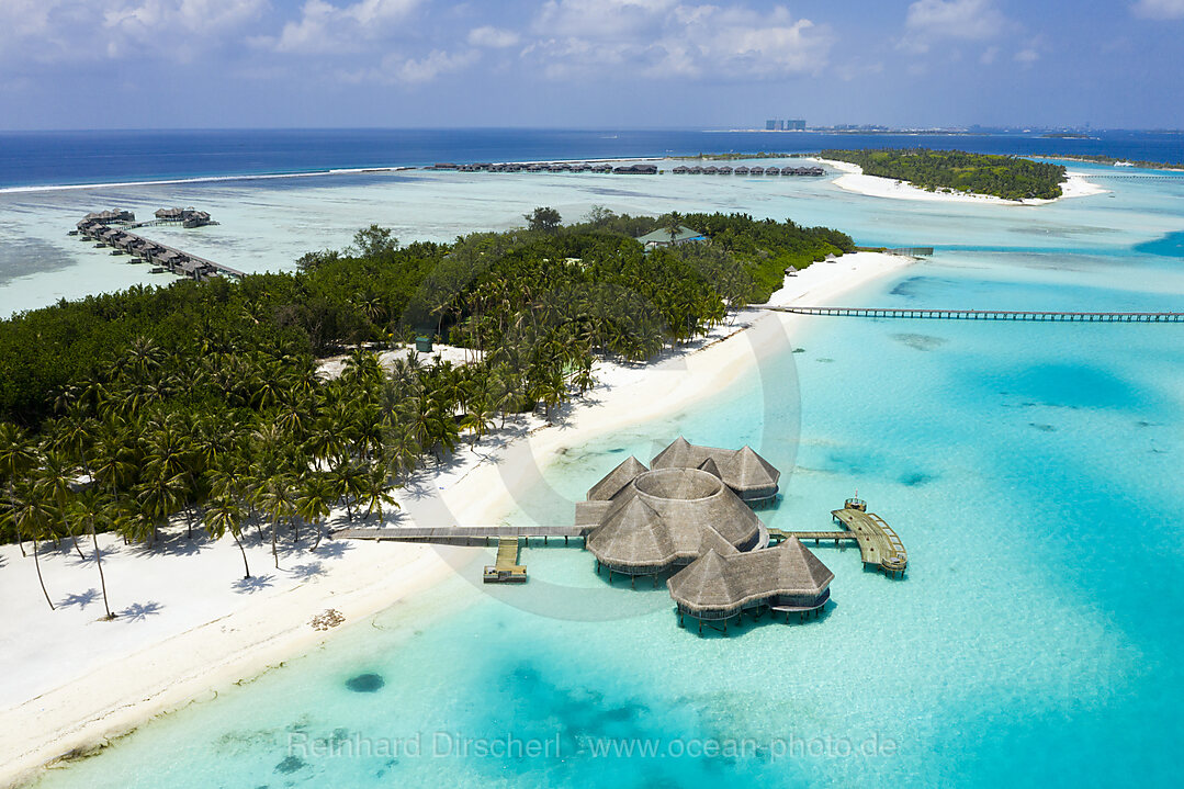 Luftaufnahme der Ferieninsel Lankanfushi, Nord Male Atoll, Indischer Ozean, Malediven