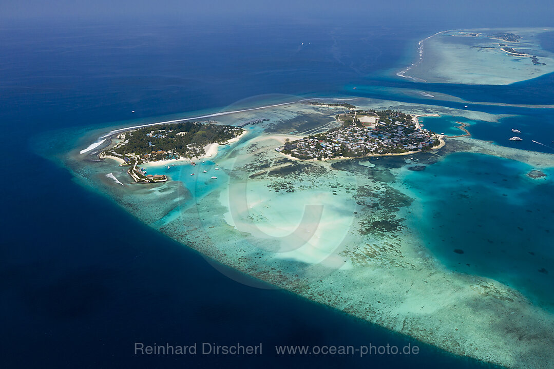 Einheimischeninsel Guraidhoo und Touristeninsel Kandooma, Sued Male Atoll, Indischer Ozean, Malediven