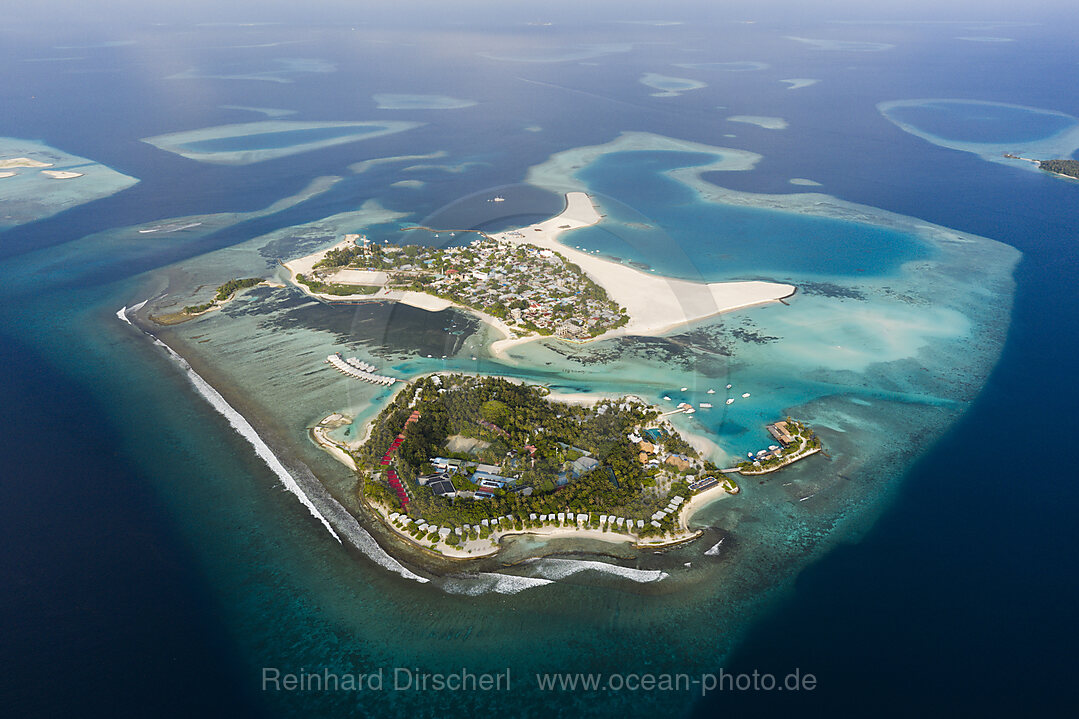 Vacation Island Kandooma and Inhabited Island Guraidhoo, South Male Atoll, Indian Ocean, Maldives