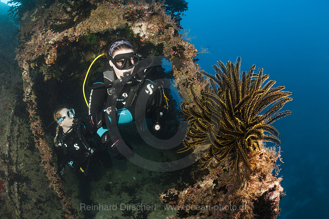 Taucher am Heck des Maldive Victory Wrack, Hulhule, Nord Male Atoll, Malediven