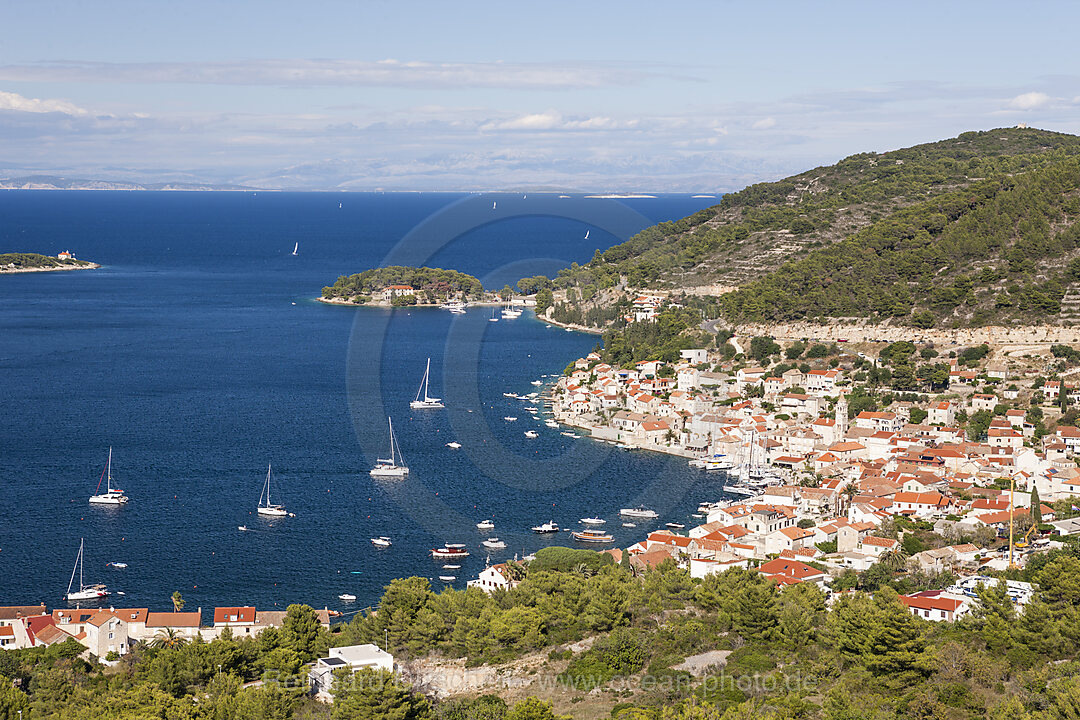 Town and bay of Vis, Vis Island, Mediterranean Sea, Croatia