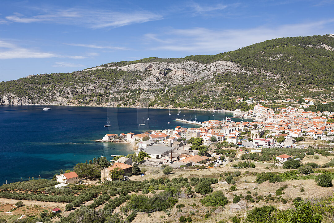 Town and bay of Komiza, Vis Island, Mediterranean Sea, Croatia