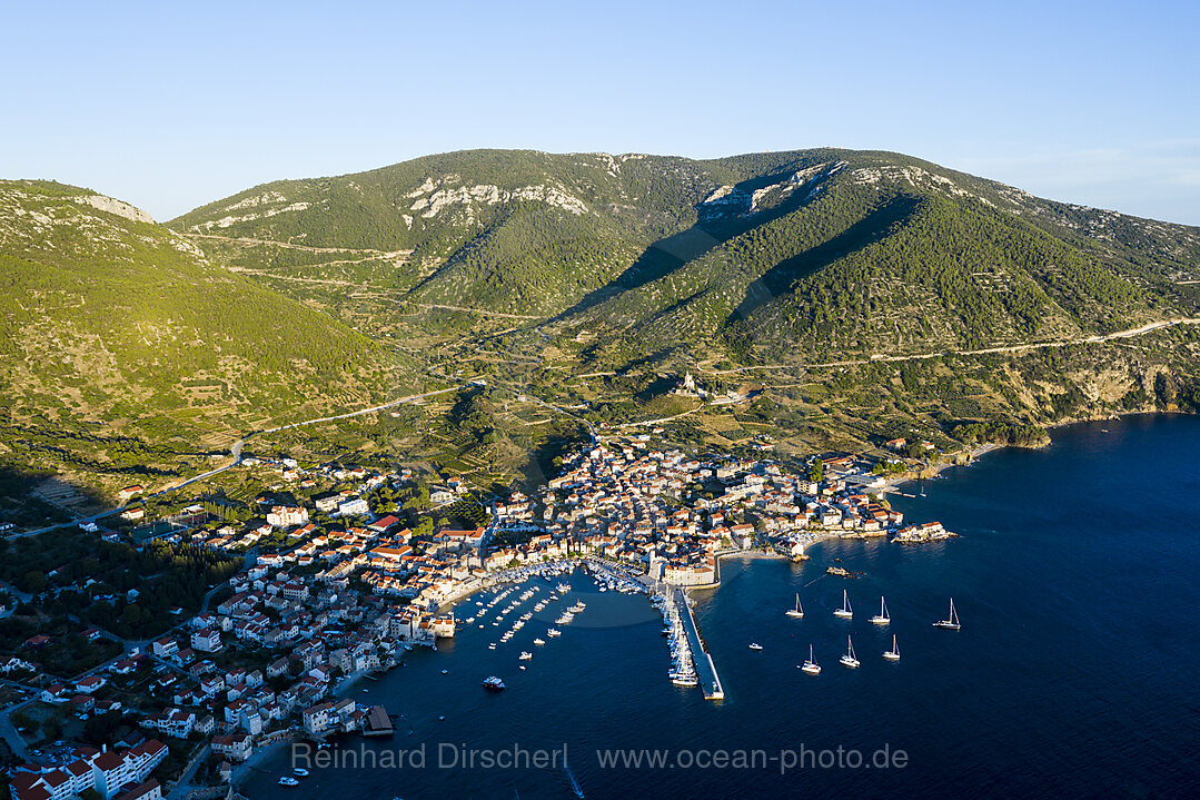 Town and bay of Komiza, Vis Island, Mediterranean Sea, Croatia