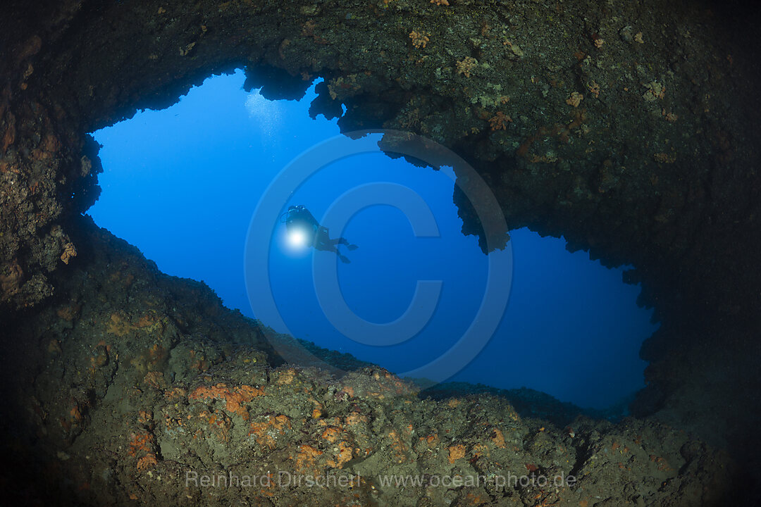 Scuba Diver inside Green Cave, Vis Island, Mediterranean Sea, Croatia