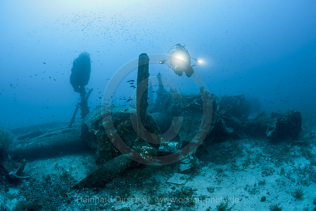 Scuba Diver at B-24 Liberator Bomber Wreck, Vis Island, Mediterranean Sea, Croatia