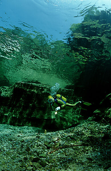 Scuba diving in a freshwater river, scuba diver, traun
