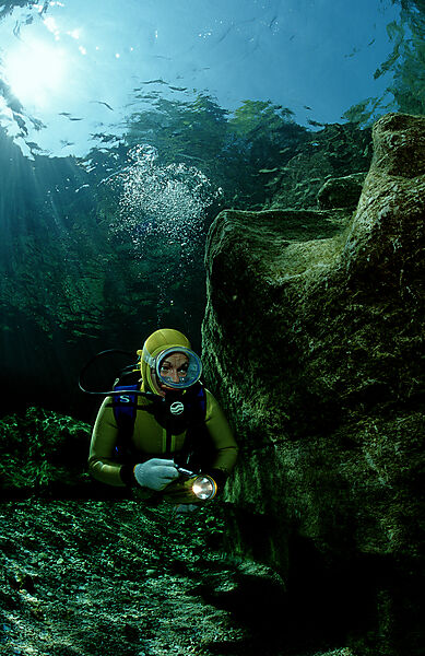 Scuba diving in a freshwater river, scuba diver, traun