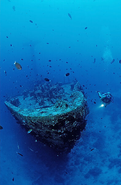 Unknown ship wreck and scuba diver