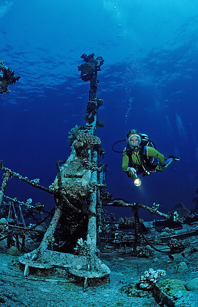 scuba diver explores unknown ship wreck