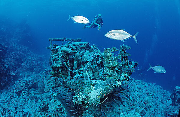 Scuba diver and Truck wreck near Blue Belt shipwreck