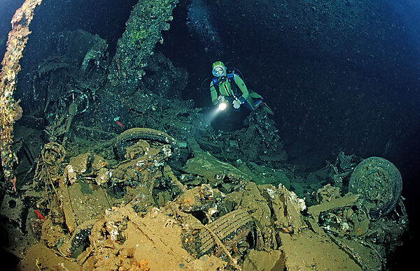 Scuba diver and Truck wreck in Blue Belt shipwreck