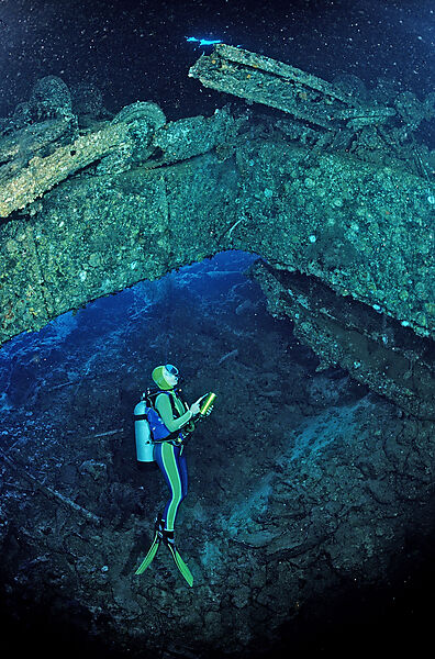 Scuba diver and Truck wreck in Blue Belt shipwreck