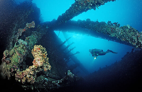 Scuba diver diving on Umbria shipwreck