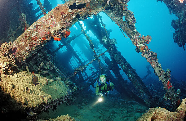 Scuba diver diving on Umbria shipwreck
