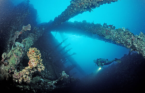 Scuba diver diving on Umbria shipwreck
