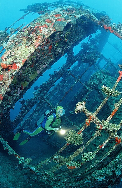 Scuba diver diving on Umbria shipwreck
