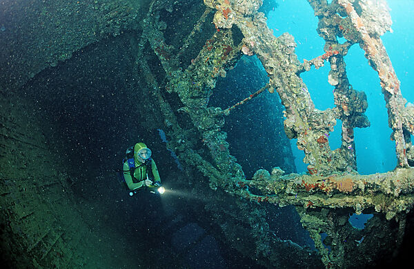 Scuba diver diving on Umbria shipwreck