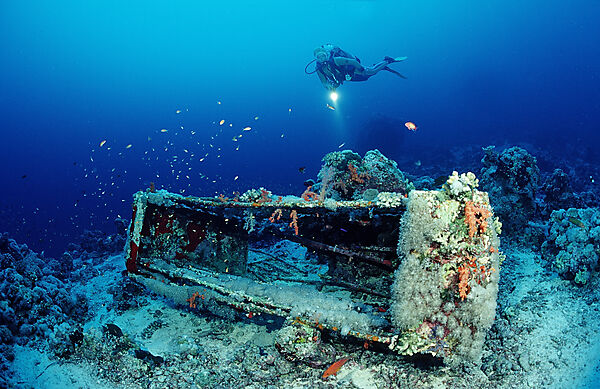 Shark cage of Jacque Cousteau and scuba diver